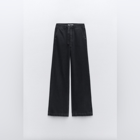 Zara Jeans Women's‎ Size Large Black Wash Denim Wide Leg High Rise Front Tie - Picture 8 of 16